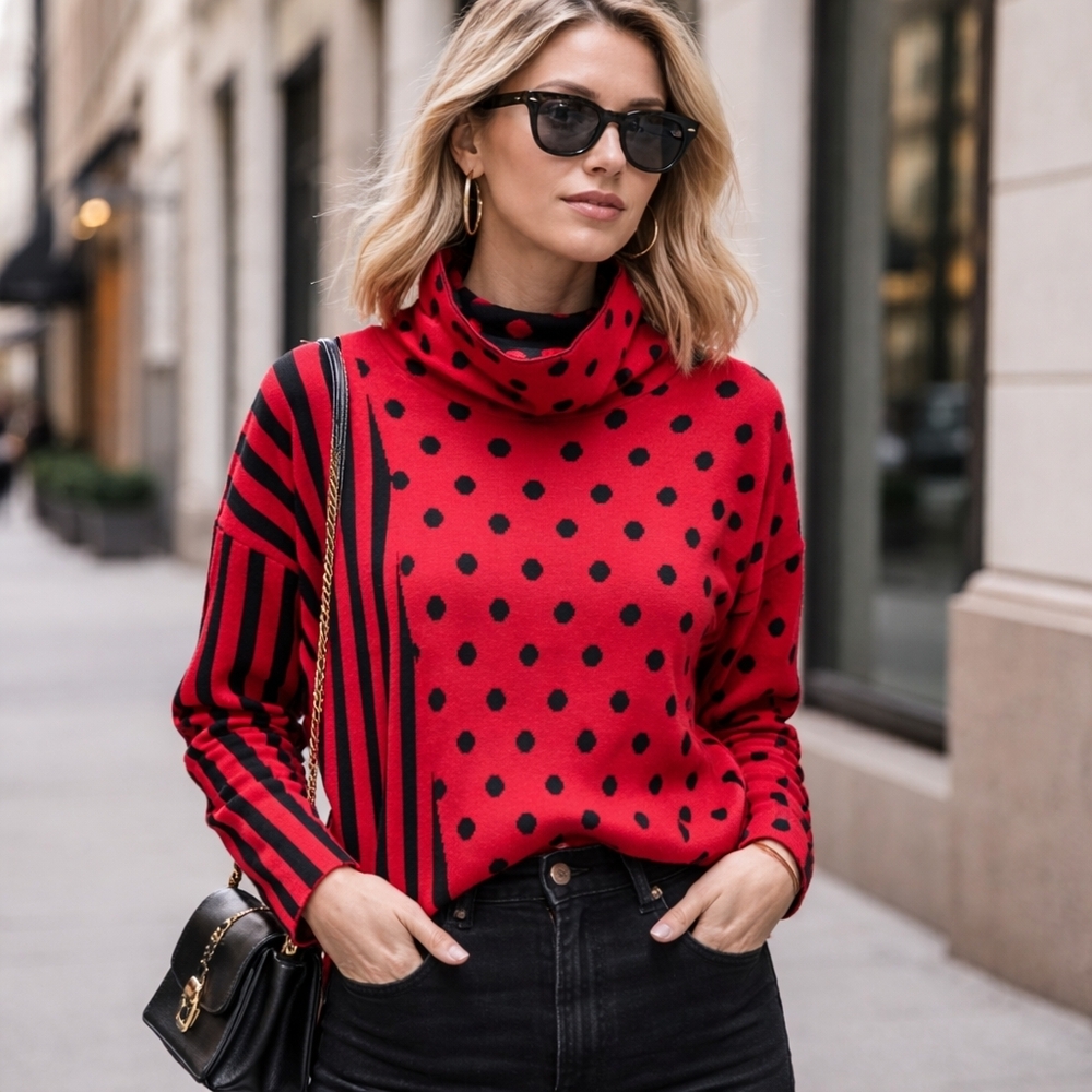 Kokomarina Wool-Blend Turtleneck Sweater Red Black Polka Dot Striped Oversized